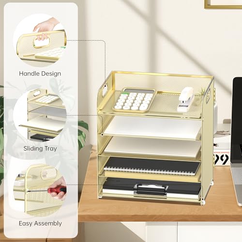 Supeasy 5 Trays Paper Organizer Letter Tray with Handle-Mesh Desk File Organizer, Paper Sorter Desk Organizer for Office, Home or School (Golden) - color: Golden