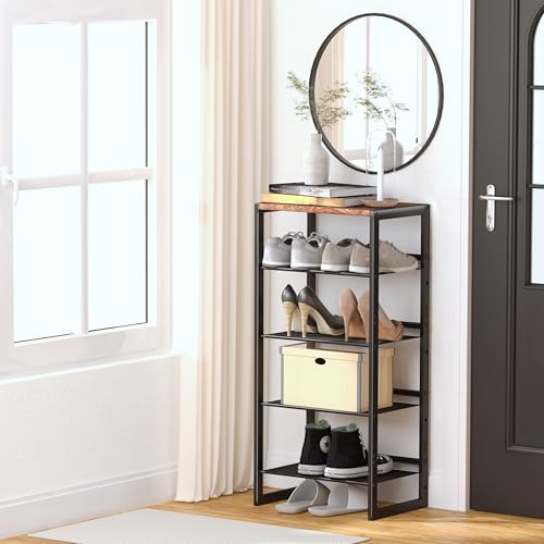 CHEMPFR Narrow 5-Tier Shoe Rack, Slim Space-Saving Shelf with Decorative Wood Top & Steel Mesh, Entryway/Closet/Dorm Organizer, 16.5x11.8x36 Inches - size: 5 Tier (16.5″x11.8″x36″)
