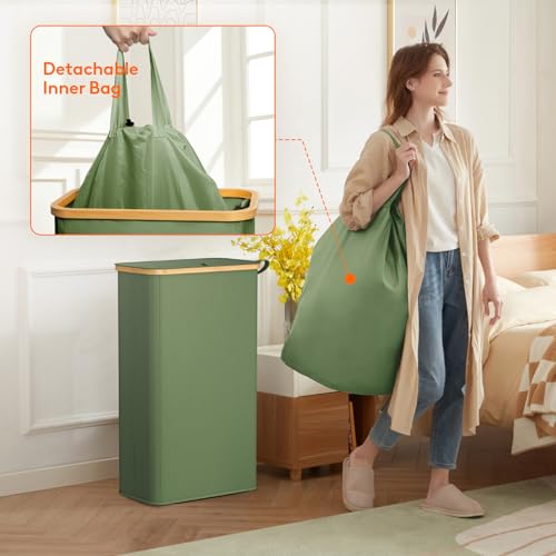 Lifewit 75L Slim Laundry Hamper with Lid, Narrow Laundry Basket with Removable Bag & Bamboo Handles, Fodable Thin Dirty Clothes Hamper for Laundry Collapsible Bin for Bathroom Bedroom Dorm, Green - color: Green, size: 75L