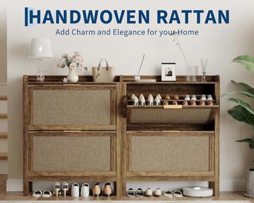 Garvee Farmhouse Rattan Shoe Cabinet, 32 Inch Narrow Shoe Storage with 2 Flip-Down Drawers, Freestanding Entryway Organizer with Adjustable Shelves, Brown - size: 2 doors
