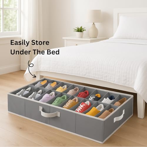 Under Bed Shoe Storage Organizer - TEAR-RESISTANT Heavy Duty 600D Material - Fits All Styles Men's and Women's Shoes, Up to 16 Pairs - Extra-Strong Zipper - Grey - Perfect for College Dorms - color: Grey, style: Set of 1