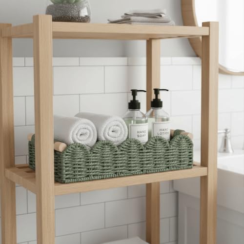 CubesLand Toilet Paper Storage Basket Organizer, Small Wicker Toilet Tank Top Decorative Baskets for Countertop, Handwoven Scalloped Basket w/handle for Home Decor, Living Room, Bedroom, Green - color: Green, size: S - 12.99"L x 6.3"W x 3.15"H