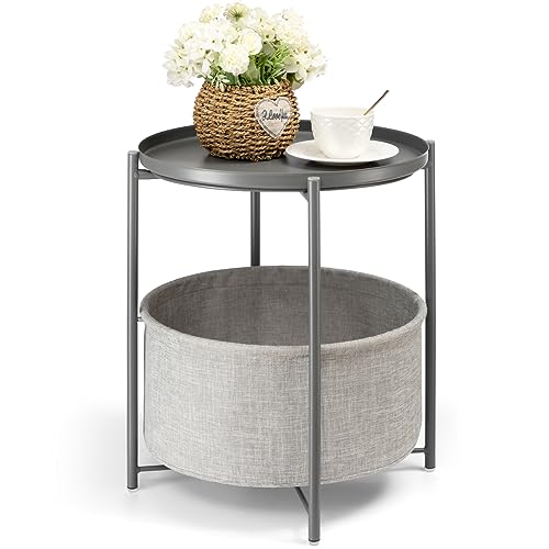 danpinera Round Side Table with Fabric Storage Basket, Metal Side Table Small Bedside Table Nightstand with Removable Tray Top for Living Room, Bedroom, Nursery, Laundry, Gray - color: Grey