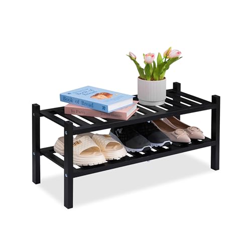 VICTORY RELAX 2-Tier Acacia Wood Shoe Rack - Stackable Entryway Organizer for Closet, Entryway, Easy Assembly, Indoor/Outdoor Storage Stand (Black) - color: Black
