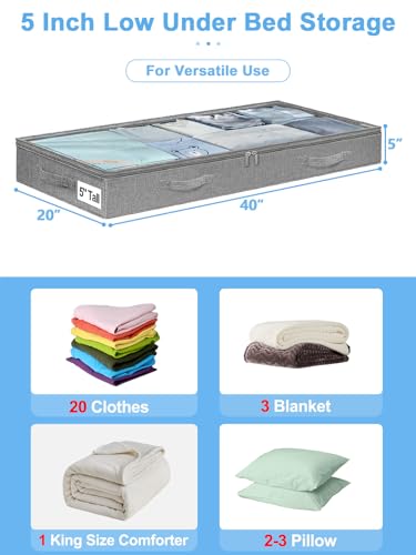 punemi 5 Inches High Low Profile Under Bed Storage Containers，No-Structure,Soft Fabric Zippered Underbed Storage bins for Clothes and Blankets— Fits Under Crib, Couch or Dorm bed,2-Pack,Grey - color: Grey-soft-2pack, size: 5 inch