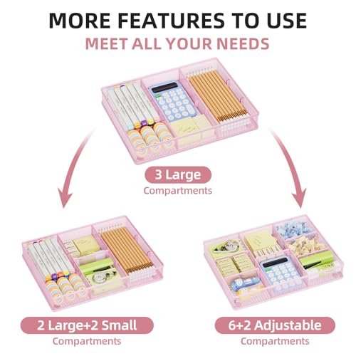 Marbrasse Pink Desk Drawer Organizer, Metal Mesh Drawer Organizer Tray with 5 Adjustable Compartments,Desk Organizers and Accessories for Home,Office,Kitchen,Makeup,Vanity (Pink) - color: Pink