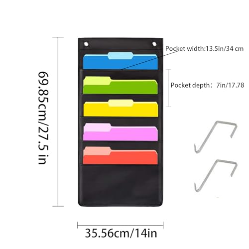 Hanging Wall File Organizer, 5 Pocket, Black Wall Storage Pocket Charts with 2 Hangers, Oxford Cloth Storage Pocket, Over The Door File Organizer, Great for Classroom, Home or Office Use (5 Pocket)