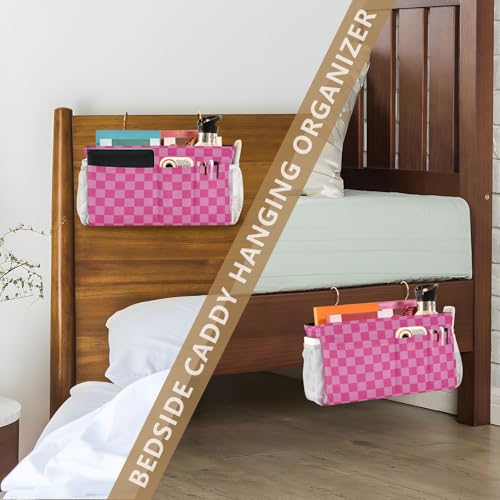 Pink Checkered Print Bedside Caddy Storage Bag Bedside Organizer for Bunk Bed Headboards College Organizer Caddy Hanging Shelf 6 Pockets with Hooks for Drinks Magazine Phone Holder - color: Checkerboard Pink
