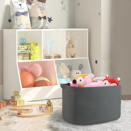 MEGASKET Extra Large Rope Basket, 23.6" x 17" x 12" Rectangle Wicker Baby Laundry Basket, Kids Toy Storage Baskets, Woven Basket for Blankets Clothes Pillows, Laundry Room Organization, Dark Grey - color: Dark Gray, size: 23.6"x17"x12