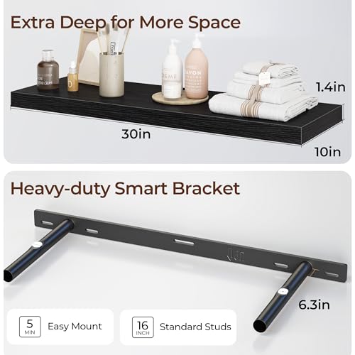 Fun Memories Floating Shelves for Wall 30 Inch Set of 3, Farmhouse Floating Shelves with Invisible Heavy Duty Bracket, 10 Inch Deep Bathroom Shelves for Storage, Living Room, Kitchen, Decor, Black - color: Black, size: 30"W x 10"D - 3P