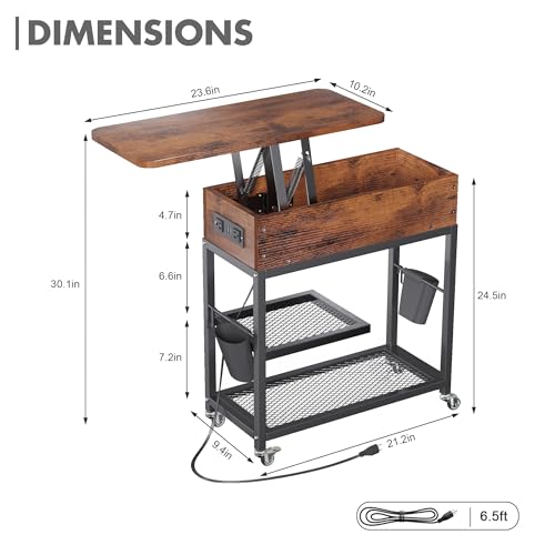 Colima Lift-Top Side Table with Charging Station - Mobile End Table with USB Ports & AC Outlets, Hidden Storage, Wheels - Rustic Wood Nightstand for Living Room, Bedroom, Office - color: Rustic Brown-new
