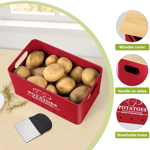 Kitchen Vegetable Storage Set of 3, Metal Onion Garlic Potato Storage Set, Kitchen Canisters Vegetable Keeper Containers with Aerating Holes and Wooden Lid (Red) - color: Red