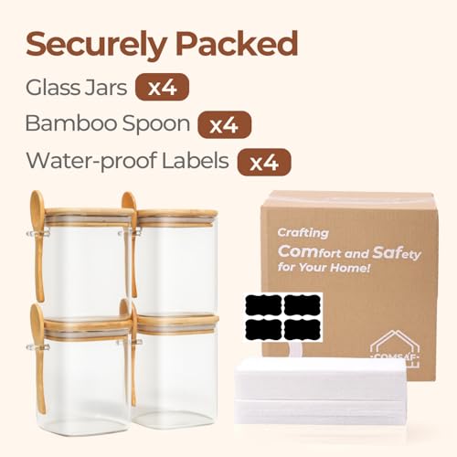 ComSaf 0.8 Qt Glass Jars with Bamboo Lids & Spoons Set of 4, Square Glass Containers with Lids, Sugar Coffee Containers Salt Spice Jars, Pantry Storage Container for Loose Tea, Candy, Brown Sugar, Nut - size: 0.8Qt*4