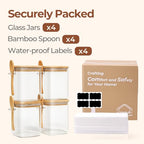 ComSaf 0.8 Qt Glass Jars with Bamboo Lids & Spoons Set of 4, Square Glass Containers with Lids, Sugar Coffee Containers Salt Spice Jars, Pantry Storage Container for Loose Tea, Candy, Brown Sugar, Nut - size: 0.8Qt*4