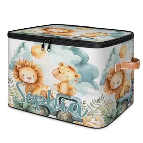 Custom Storage Basket with Name, Personalized Storage Bins with Zipper Lid, Foldable Fabric Storage Box Large capacity with Handle Lion Car - color: Option 22