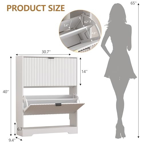 HUANLEGO Shoe Cabinet Storage for Entryway with 2 Flip Drawers, White Fluted Shoe Cabinet with Open Storage, Wooden Hidden Shoe Rack Freestanding Narrow Slim Shoes Organizer for Hallway, Entrance - color: White, size: 2 Drawer