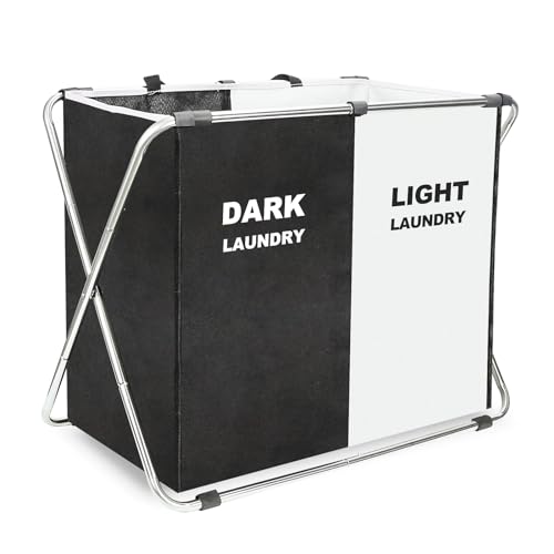 Laundry Cloth Hamper Sorter Basket Bin Foldable 2 Sections with stainless steel Frame Washing Storage Dirty Clothes Bag for Bathroom Bedroom Home Storage Basket (Black+white, 2 Sections) - color: Black+white, size: 2 Sections
