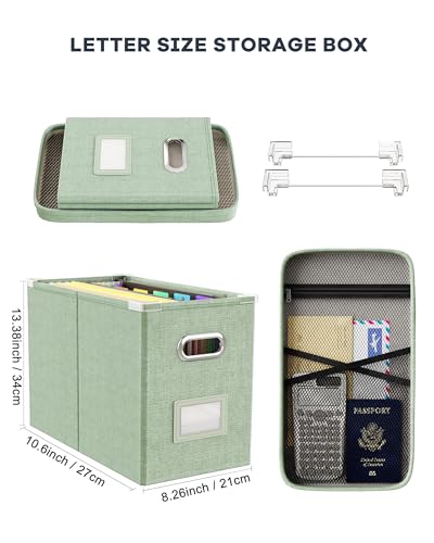 Oterri Hanging Filing File Box with Mesh Pocket, File Organizer Box with Lid, Collapsible Document Organizer Box for Letter Size, Easy Slide Durable Storage Box for Office/Decor/Home (2 PCS, Green) - color: Green, size: 2 PCS