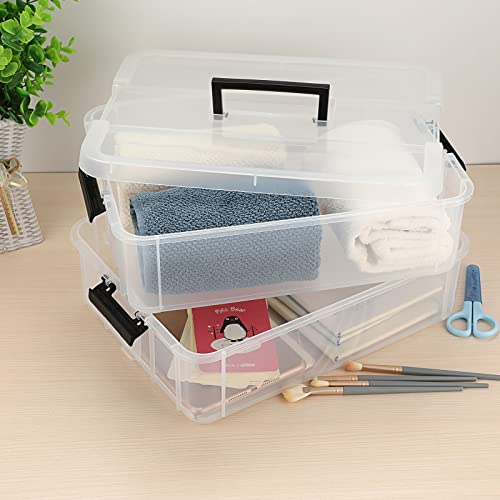 BTSKY 2 Layer Stack & Carry Box, Plastic Multipurpose Portable Storage Container Box Handled Organizer Storage Box for Organizing Stationery, Sewing, Art Craft, Jewelry and Beauty Supplies Black - color: Black