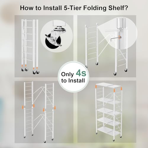 Himix 5 Tier Foldable Storage Shelves, Expandable Folding Pantry Shelf with Wheels, Changeable into 2 Shelf Units, Collapsible Storage Rack Metal Shelves for Kitchen, Room, Garage, White - color: White, size: 5-Tier
