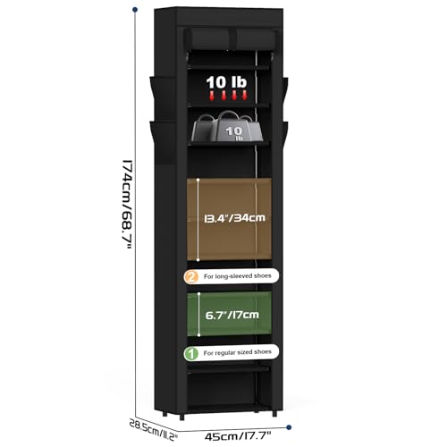 Mavivegue Shoe Rack with Cover, 10 Tier Tall Shoe Organizer for 18-22 Pairs of Shoes, Shoe Organizer with 4 Side Pockets, Shoe Cabinet for Entryway, Closet - color: Black