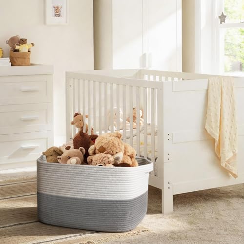 MEGASKET Extra Large Laundry Basket, Rectangle Woven Cotton Rope Storage Basket with Handles, Wicker Laundry Hamper, Farmhouse Storage Bin for Blankets Clothes Toys, Grey, 22" x 17" x 12" - color: White & Gray, size: 22"x17"x12"