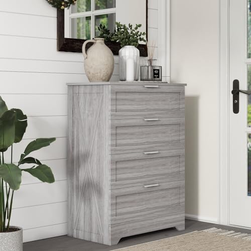 FTZxHKLX Farmhouse 4 Drawer Dresser for Bedroom, Tall Bedroom Dresser with Large Drawer & Silver Handles, Wooden Storage Organizer Cabinet Chest of Drawer for Closet, Living Room, Hallway, Wash Grey - color: Wash Grey