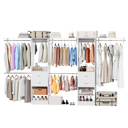 Closet System Set of 2, Closet Organizer System With 4 Wood Drawers, Walk-In Closet Storage System With 10 Hanging Rods, Adjustable Cloth Garment Rack, Fits Spaces 6Ft-14Ft, White - color: ‎2 drawer 3 shelve, size: 2 PC