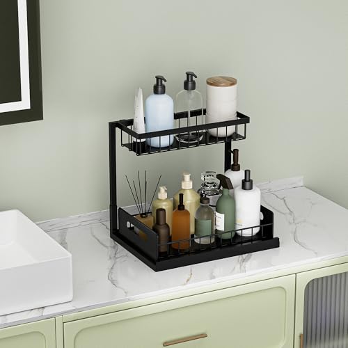 VUSIGN Under Kitchen Sink Organizer 2 Tier, Pull Out Bathroom Sink Organizers and Storage, Cabinet Kitchen Bathroom Storage Organization Shelf, 1 Pack Black
