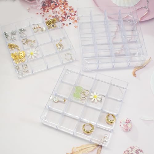 4 PCS Stackable Jewelry Organizer Tray, Plastic Storage Box with 16 Mini Grid (1.57''), Clear Organizer Tray for Drawer Dresser Vanity Desk, Jewelry Storage Box for Necklaces Bracelets Rings Earrings
