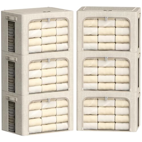 FHSQX 6 Pack Clothes Storage Bins with Metal Frame 100L Foldable Storage Bins for Clothes Linen Fabric Storage Box with Clear Window (Beige, 23.6x16.5x15.7inch(100L)) - color: Beige, size: 23.6x16.5x15.7inch(100L)