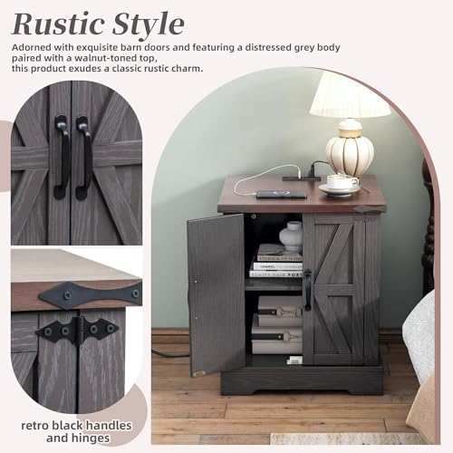 Farmhouse End Table with Charging Station, Rustic Wood Nightstand with Adjustable Shelf, 19.6"W Versatile Walnut Sofa Side Table with Barn Doors and Retro Hinges for Bedroom, Living Room (Grey-kk025) - color: Grey-kk025
