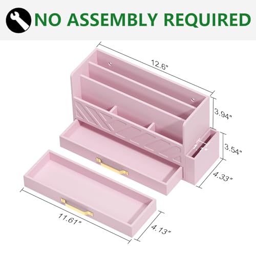 WISUCART Bamboo Desk Organizer Mail Holder Countertop Wood Desk Drawer Tabletop Storage Box Pen Holder Letter Sorter Makeup Organizer for School Home Office Supplies with Pen Holder Pink - color: Pink with Pen Holder