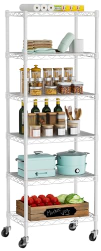 Golpart Small 6 Tier Shelf Storage Wire Shelving Unit Metal Shelves Adjustable Organizers Storage Shelving with Wheels for Bathroom Laundry Room Kitchen Pantry12”D x 18”W x 61.6”H White - color: White, size: 5 shelves (12 "D X 18 "W X 61.6 "H)