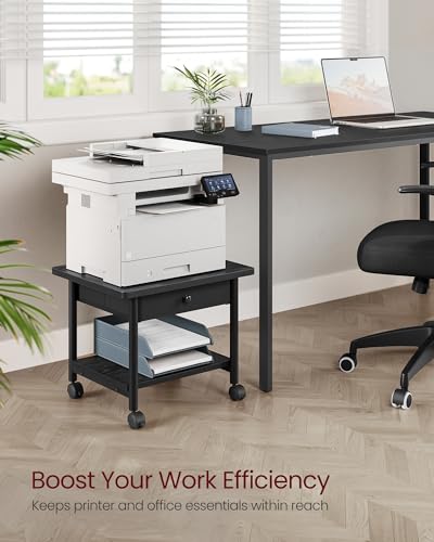 VASAGLE Printer Stand with Locking Wheels, Industrial Mobile Cart, Under Desk Printer Table for Home Office, 19.1 x 15.9 x 15.6 Inches, Storage Shelf, Drawer, 2-Tier, Ebony Black - color: Ebony Black, size: 2 Tiers with Drawer