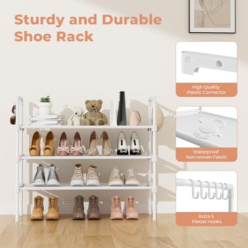 LANTEFUL 3 Tier Shoe Rack for Closet, Shoe Organizer with 5 Hooks, Long Shoe Shelf Storage for Shoe and Boot Stackable Free Standing Shoe Rack for Entryway, Garage, Small Spaces, Dorm, White - color: White, size: 27.8"W - 3 Tier