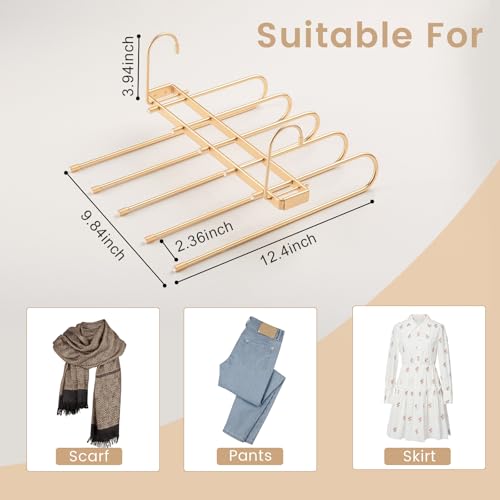 Pants Hangers Space Saving,Closet Hangers 5 Layers 2 Uses Multi Functional Pants Rack,Metal Heavy Duty Wardrobe Organizer Racks for Clothes Trousers Scarves Ties (2Pack Gold) - color: 2pack Gold