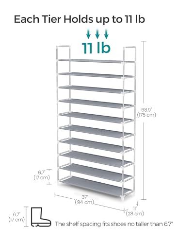 SONGMICS Shoe Rack, 10-Tier Shoe Shelf, Shoe Storage Organizer, 11 x 37 x 68.9 Inches, Metal Frame, Non-Woven Fabric Shelves, for Entryway, Bedroom, Gray ULSR10G - color: Grey, size: 11"D x 37"W
