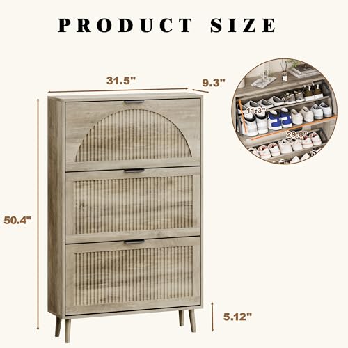 Shoe Storage Cabinet with 3 Flip Drawers, Narrow Wood Shoe Organizer Cabinet with Fluted Panel, Slim Shoe Rack for Entryway, Freestanding Shoe Cabinet for Living Room, Hallway, Grey - color: Grey, size: 3-Drawers