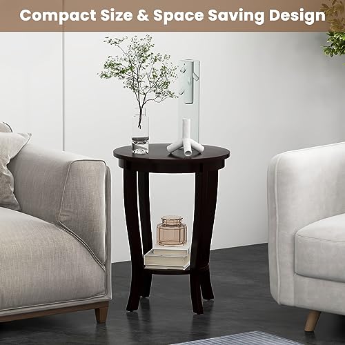 GOFLAME 2-Tier Round End Table, 18” Sofa Side Table with Storage Shelf, Floor Tea Table with Solid Wood Legs, Compact Nightstand for Small Space, Living Room, Bedroom, Espresso - color: Espresso