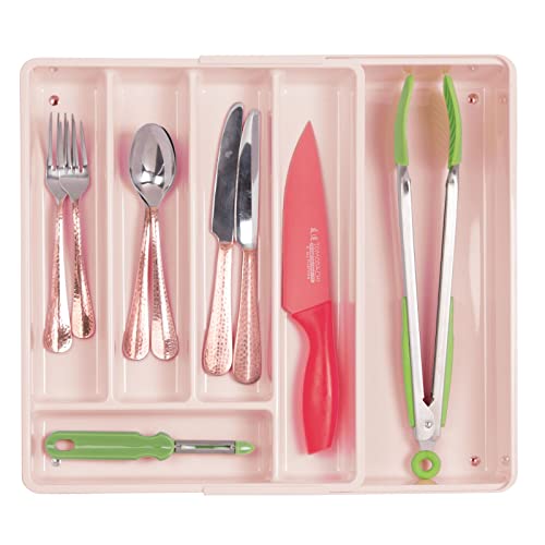 mDesign Adjustable, Expandable Plastic Kitchen Cabinet Drawer Storage Organizer Tray - for Storing Organizing Cutlery, Spoons, Cooking Utensils, Gadgets - Light Pink/Blush