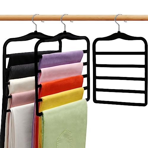 Closet Organizers and Storage, 3 Pack Pants-Hangers-Space-Saving, Velvet Non Silp 5 Tier Scarf Jeans Closet Organizer,Dorm Room Essentials for College Students Girls Boys Guys,Organization and Storage - color: Black