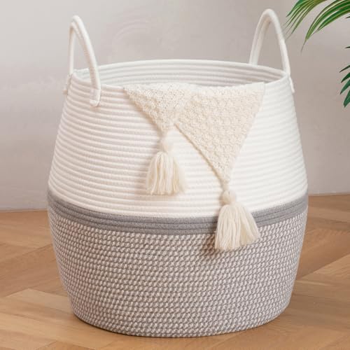 OIAHOMY 60L Blanket Basket with Handle, Storage Basket for Living Room, Laundry Hamper for Clothes, Towels, Pillows, Toy Storage for Kids and Dogs, Baby Hamper for Nursery - Grey & White - color: Grey & White, size: 60L