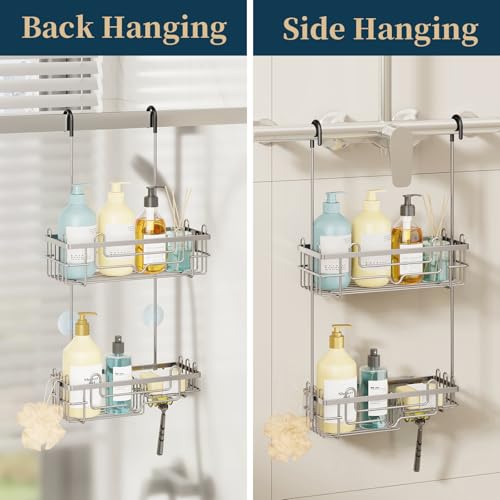 Consumest Over the Door Shower Caddy - 2-Tier Hanging Shower Organizer with Soap Holder, Rustproof Bathroom Storage and Organizer Rack for Shampoo, Towels, and Toiletries, Sand Nickel - color: Sand Nickel, size: 2 Tier-Shower Door