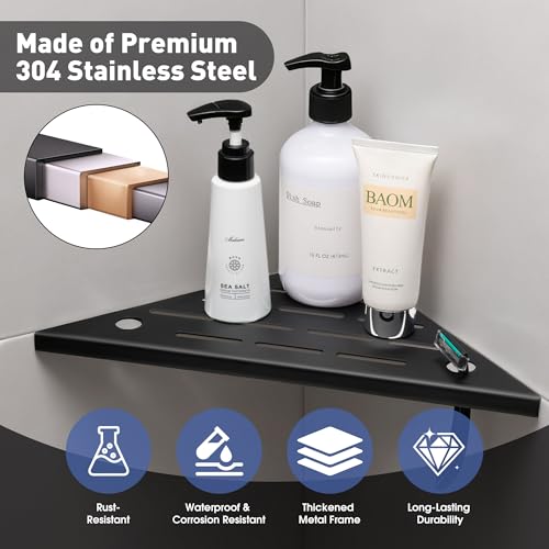 Corner Shower Shelf, 10'' Shower Corner Shelf with Towel Bar & Hooks, 304 Stainless Steel Recessed Bathroom Shelves, No Drilling for Tiled Wall, 2-Pack (Matte Black) - color: Matte Black