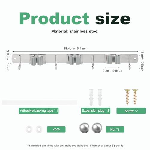 5 Pack Broom Holder Wall Mount 3 Racks 4 Hooks Stainless Steel Broom Mop Holder Anti Slip Storage Rack Strong Load Bearing Waterproof Broom and Mop Organizer Wall Hanging for Bathroom Kitchen Garage