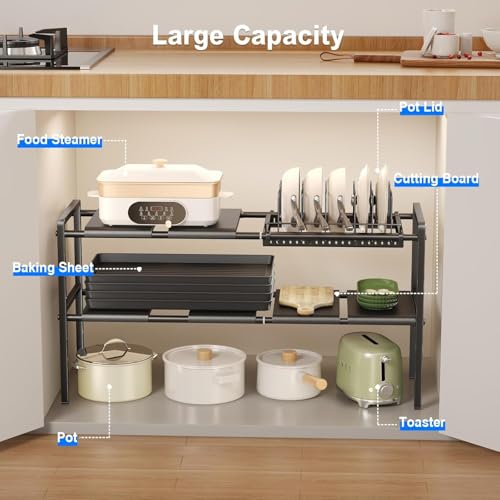 Mustorn Pots and Pans Organizer Under Cabinet, Expandable 2 Tier Under Sink Organizers and Storage Adjustable Height Kitchen Pot and Pan Lid Holder Rack with 6 Dividers(6panels,1 Pot rack, Black) - size: 6panels &1 pot rack-2 Tier
