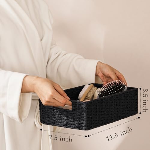 UBBCARE 2 Pack Wicker Basket, 11.5L×7.5H×3.5W inch Woven Paper Rope Storage Baskets for shelves, Foldable Rectangular Storage Baskets with Handle, Storage Basket for Organizing, Black - color: Black, size: 2pack Small