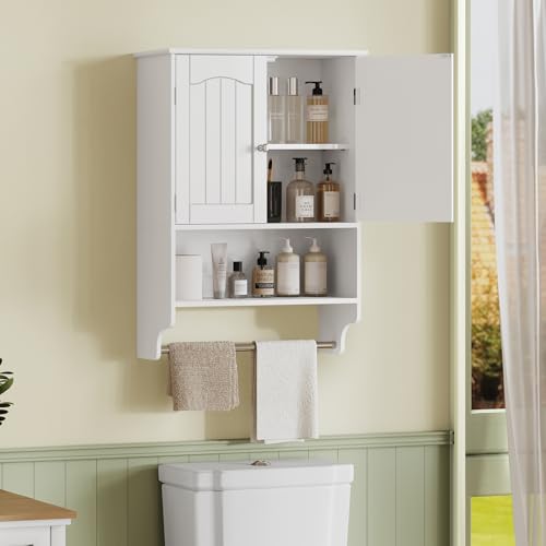 TEENFON Bathroom Wall Cabinet with Adjustable Shelves and Towel Rack, Wall Mounted Over the Toilet Storage Cabinet for Bathroom, Living Room, White UNGGX005W - color: White With Towel Bar