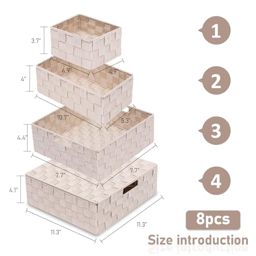Storage Bins Woven Organizer with Lids Set of 8 – Polypropylene Storage Baskets with Metal Frame, Stackable Fabric Boxes for Drawers, Closet, Shelf, Nursery and Office, Beige - color: Beige, size: 8PCS-with lid